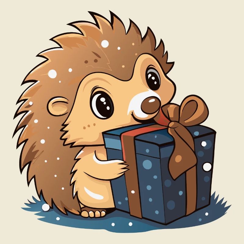Cute hedgehog unwraps gift