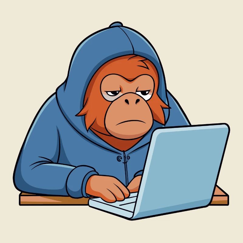 Mignon orang-outan hacker dans un sweat à capuche devant le PC