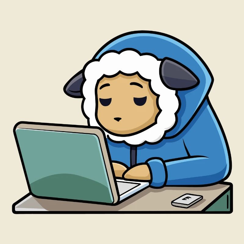 Un mignon mouton hacker dort dans un sweat à capuche devant le PC