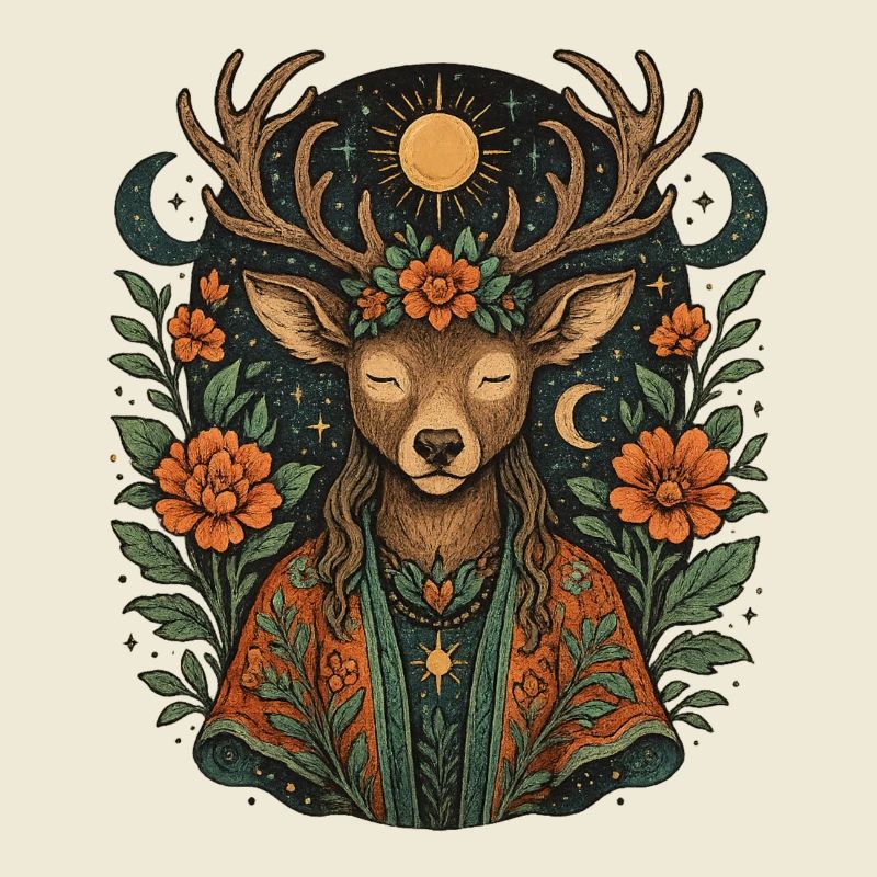 Deer with moon sun wreath