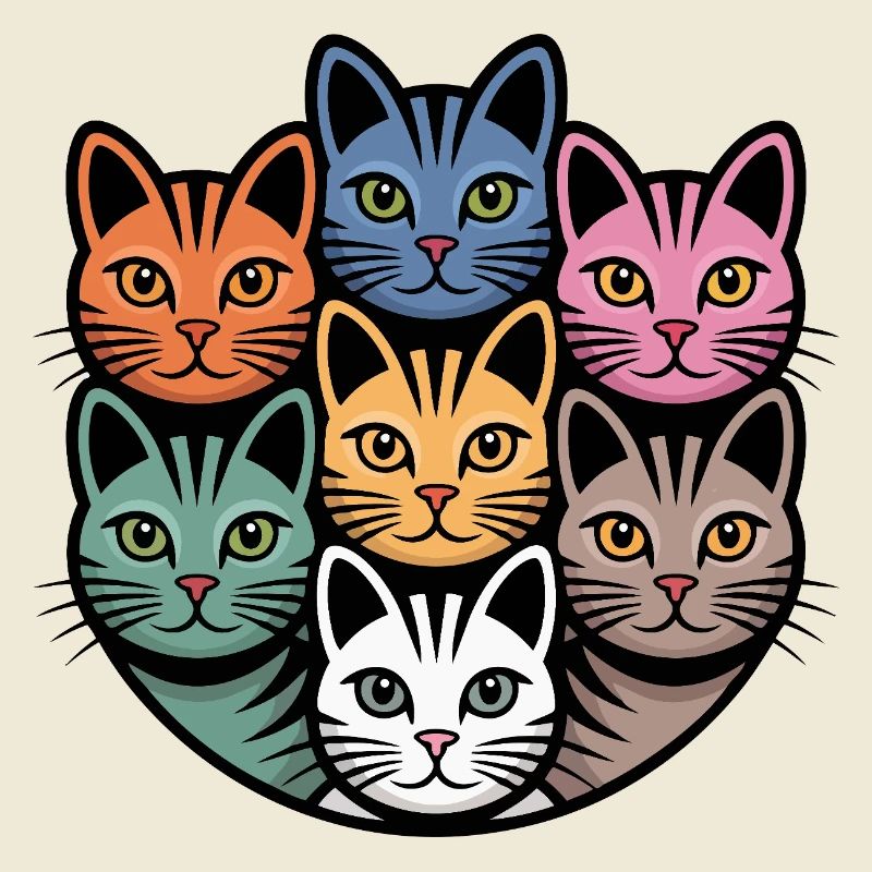 Multi-coloured cat round colourful cats