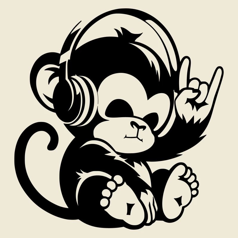 Singe de pierre avec écouteurs et signe de la main de pierre