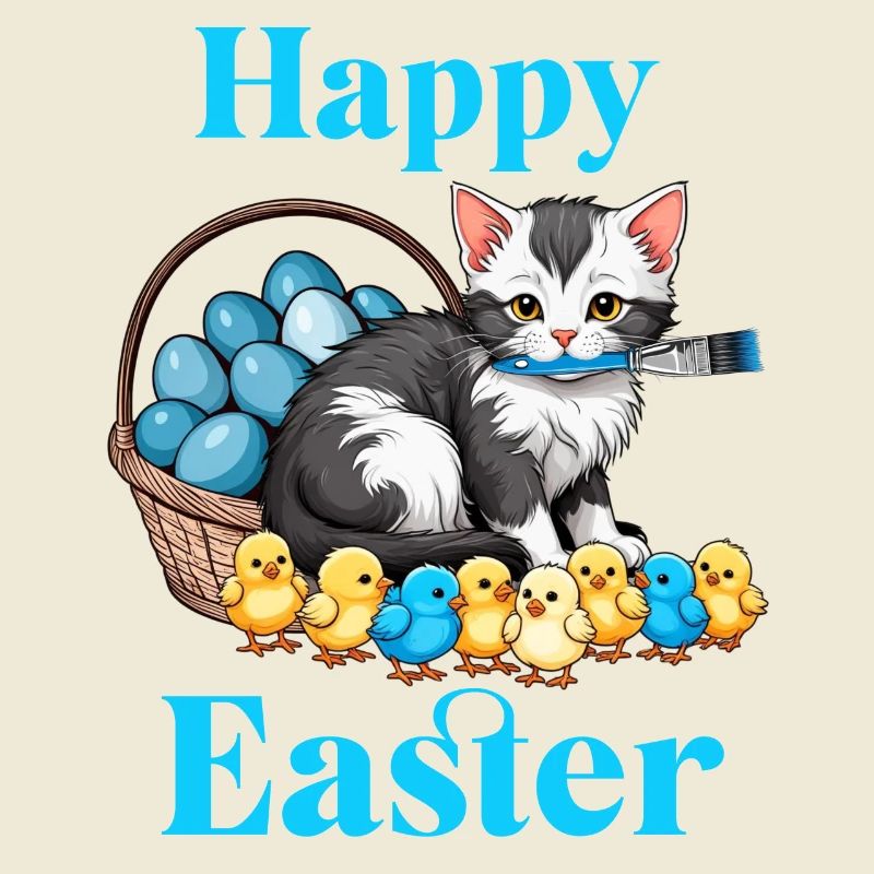 Happy Easter Cute Cat Chick Eggs Easter Time