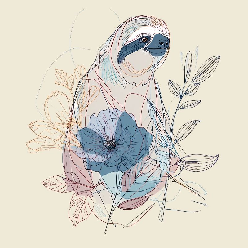 Lineart Faultier mit blauer Blüte – Boho Stil