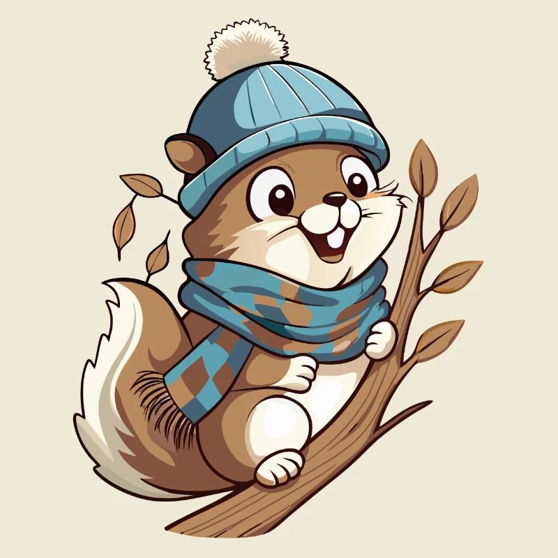 Cute squirrel with scarf and bobble hat.