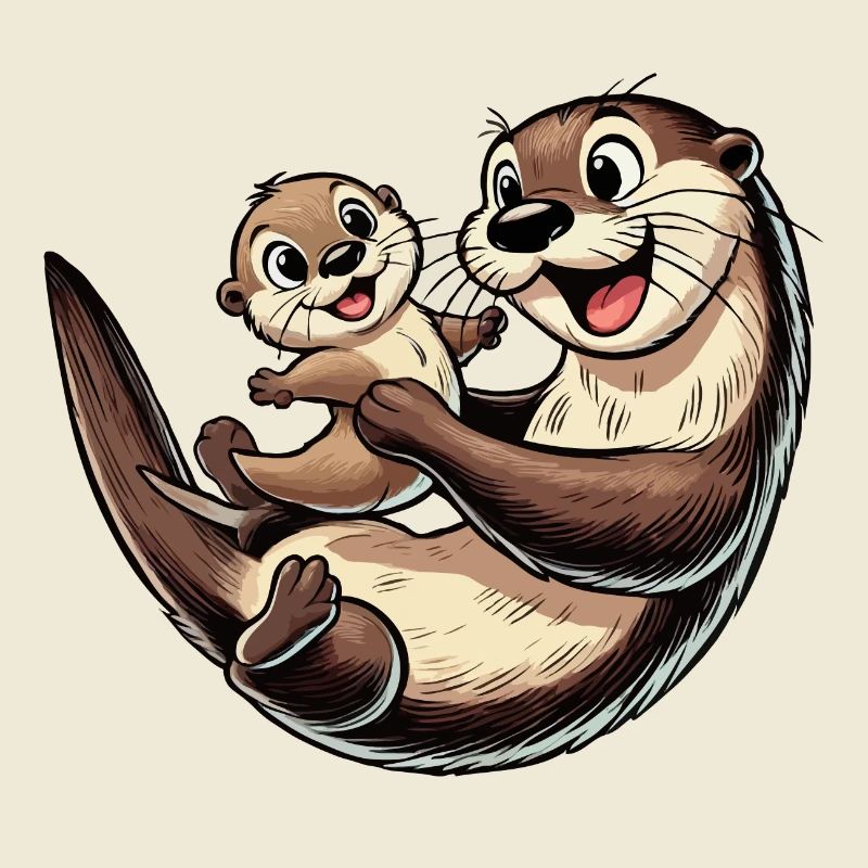Fischotter-Mutter mit herumtollendem Kind