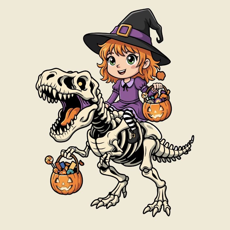 Witch Rides Skeleton T-Rex Halloween Dinosaur
