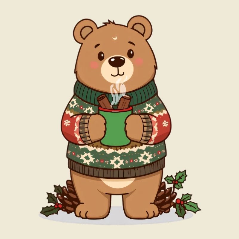 Winter bear with steaming cocoa