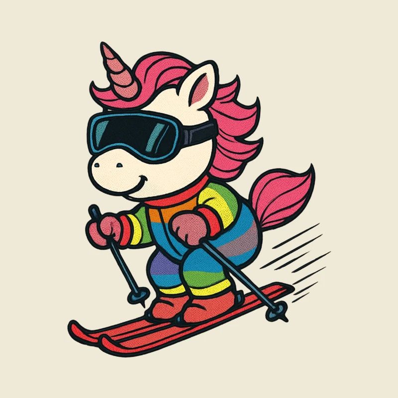 süßes Ski-Einhorn im Regenbogenanzug
