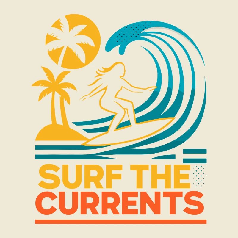 Surf The Currents Waves Palm Trees Beach Motif