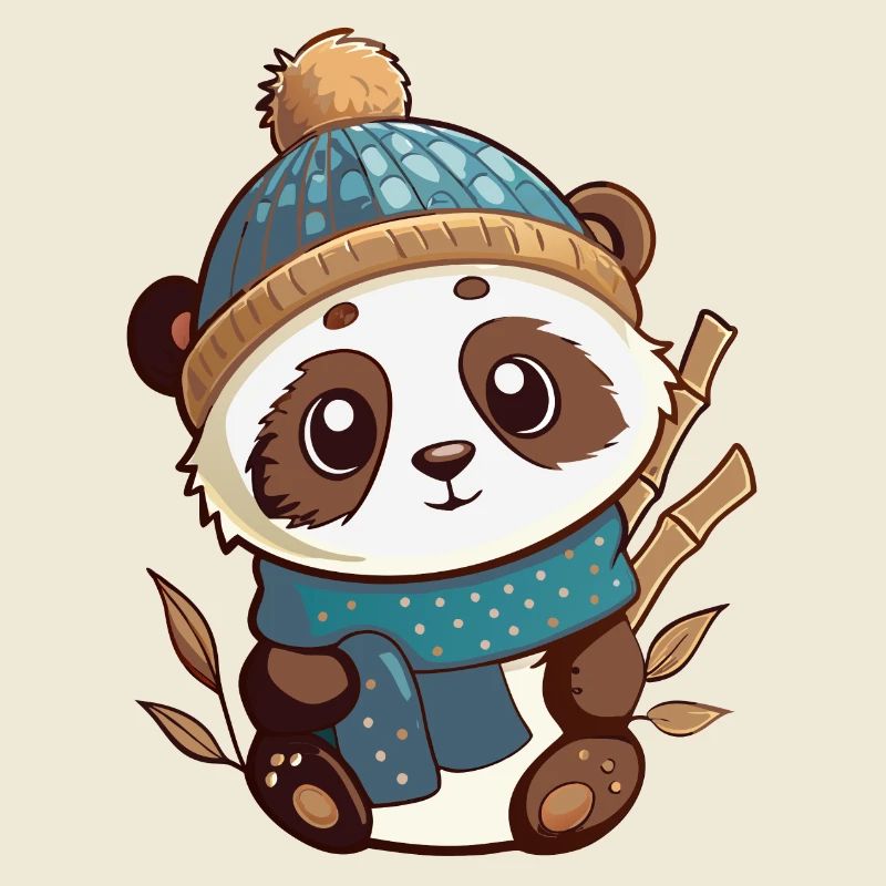 Panda mignon avec écharpe et chapeau à pompon.