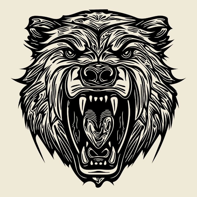 Wild bear's head with sharp teeth