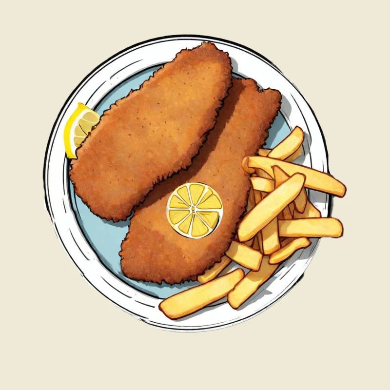 Schnitzel mit Pommes und einem Scheibchen Zitrone
