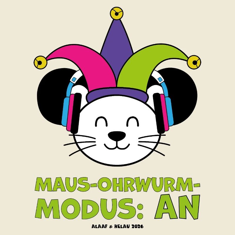 Karnevalsmaus mit Narrenkappe und Kopfhörern