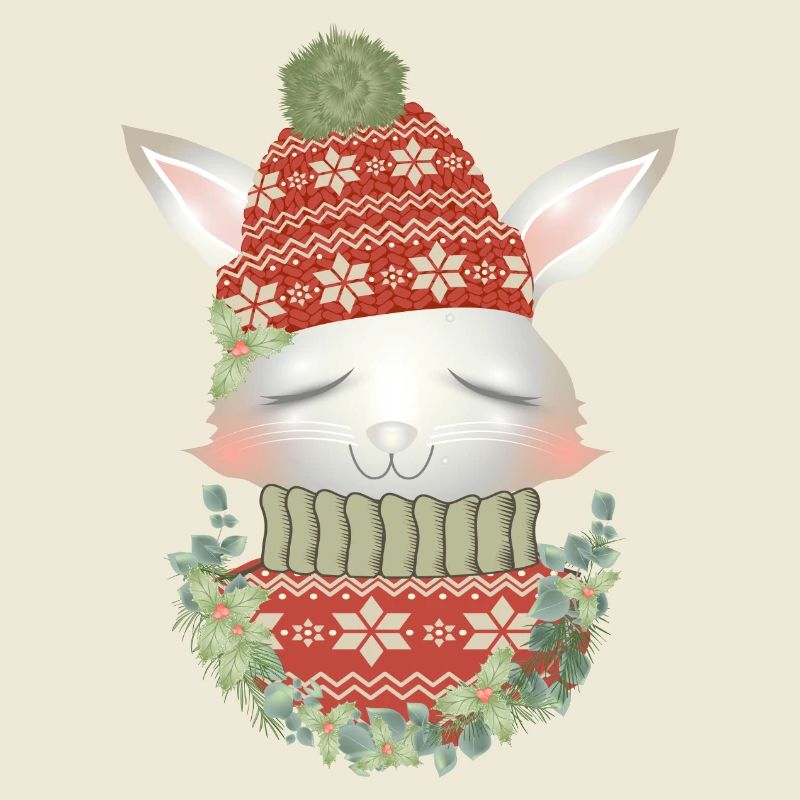 white rabbit with sweater, bobble hat & wreath