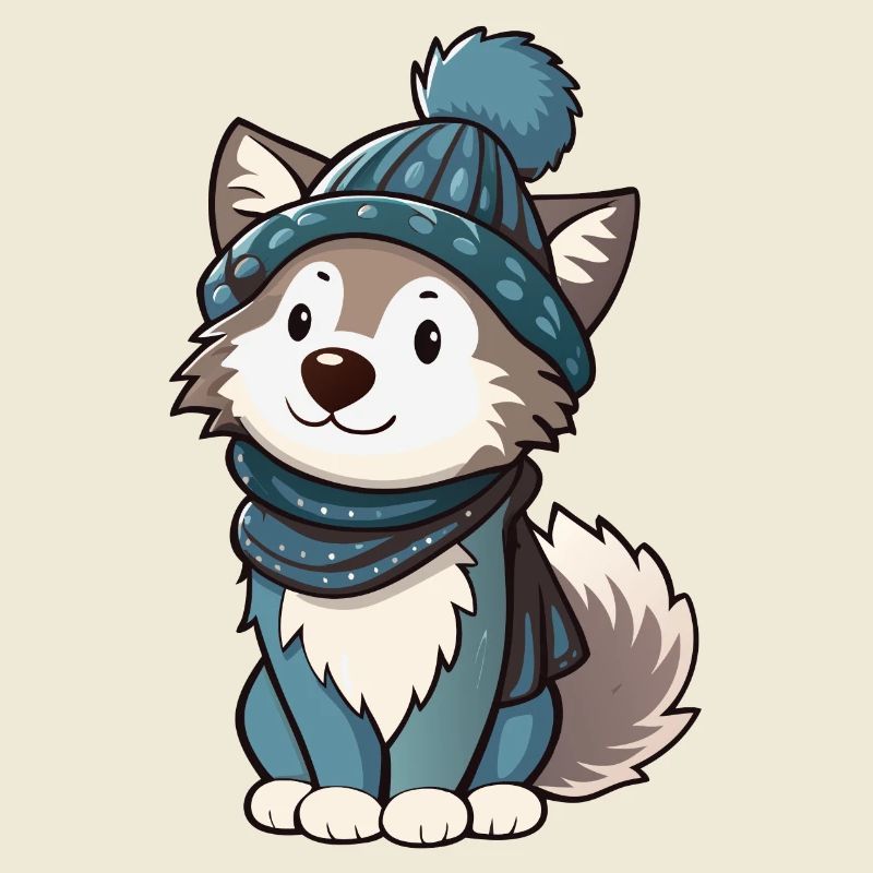 Loup mignon avec écharpe et chapeau à pompon.