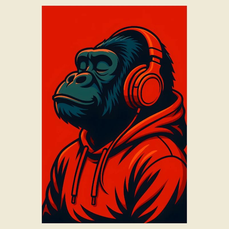 Gorilla im Kapuzenpullover mit Kopfhörern