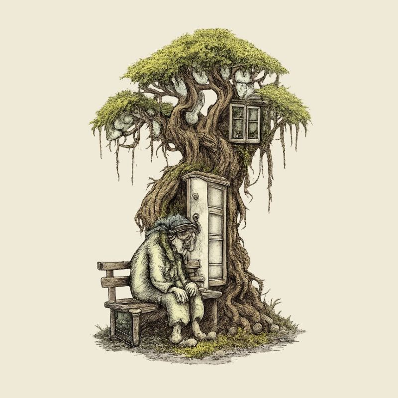 Treehouse poem: Old man squats in front of tree