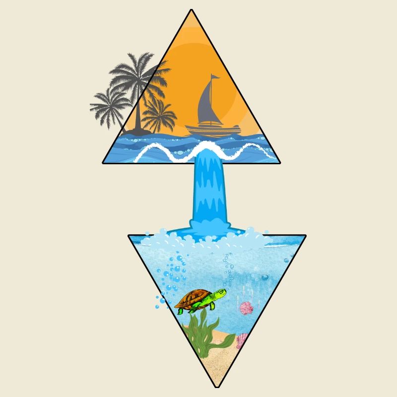 Summer motif with waterfall and palm tree in triangles