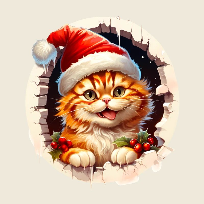 Weihnachtskatze guckt aus einem Loch