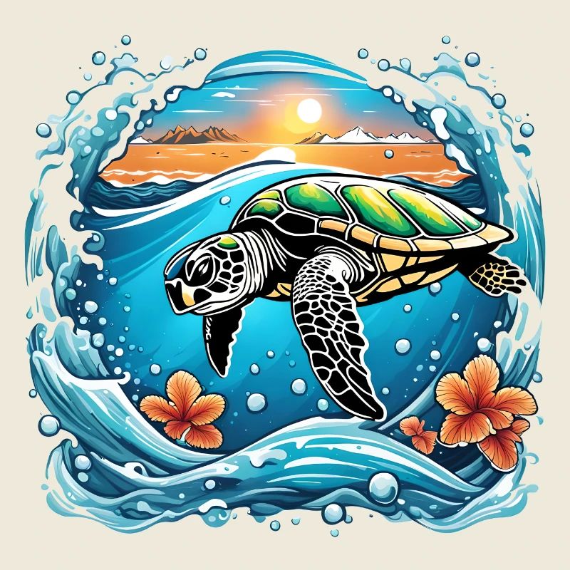 Tortue au coucher de soleil au bord de la mer