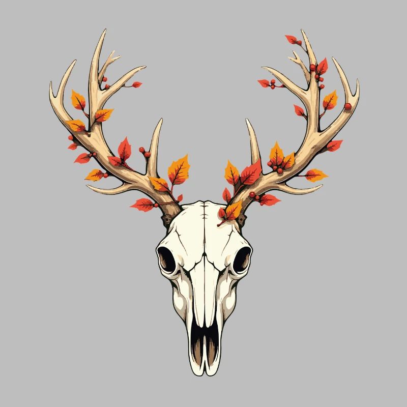 Hirschgeweih mit Herbstlaub und Totenkopf