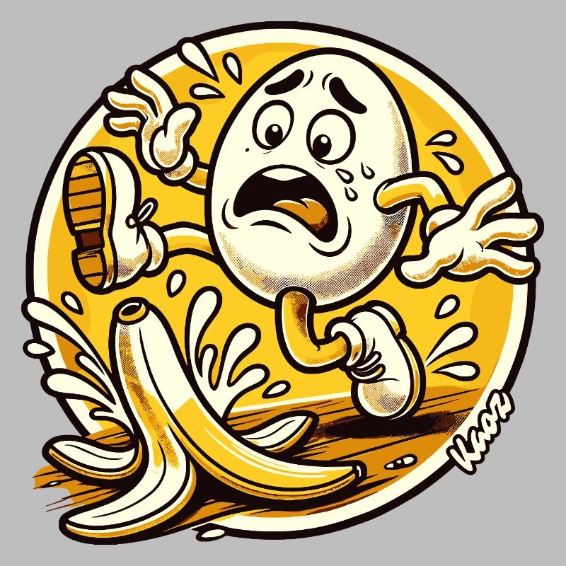 Comic egg slips on banana peel