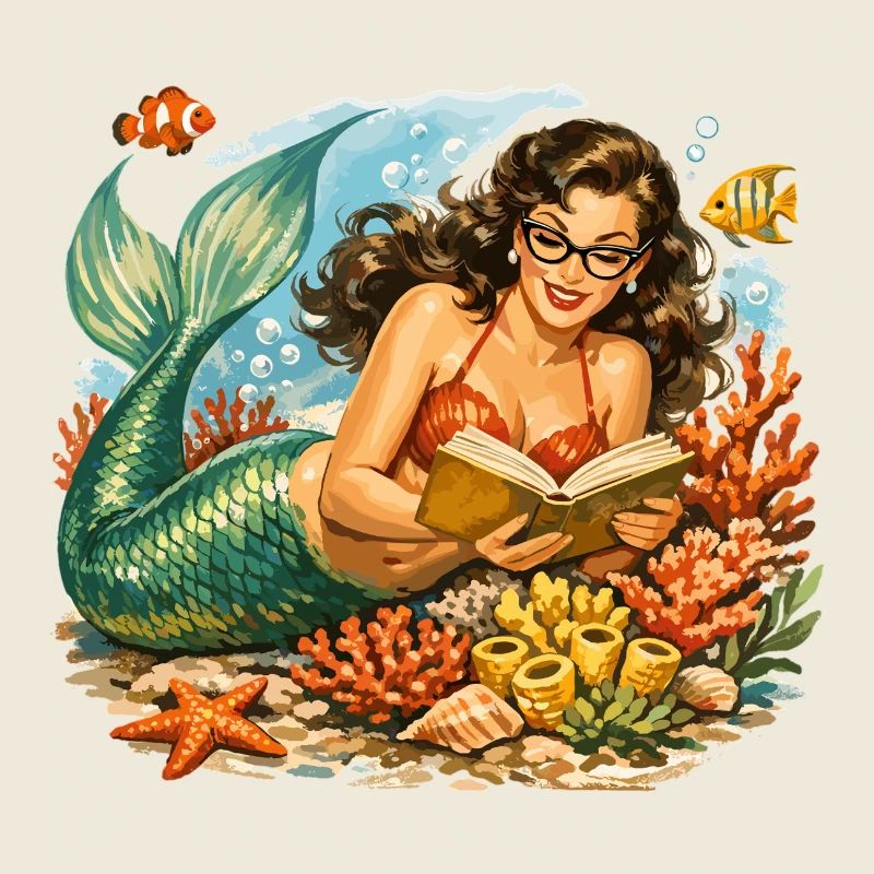 Retro mermaid with glasses while reading