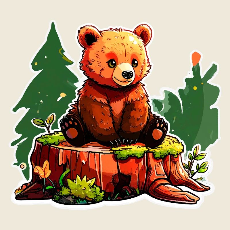 Ein kleiner Bär hockt auf einem Baumstumpf