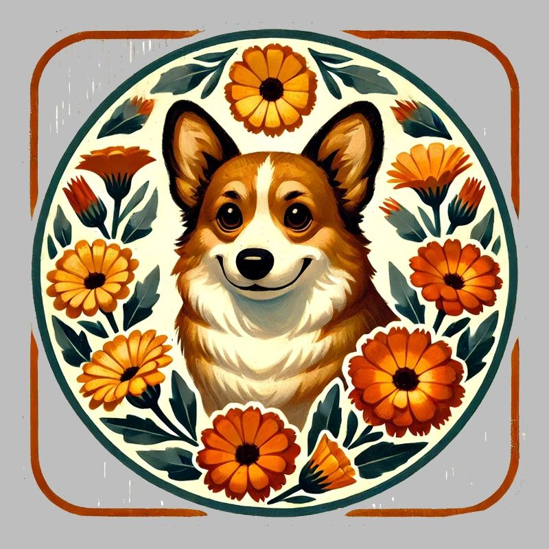 Corgi Floral Circle Folk Art