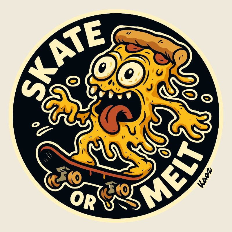 Monstre de pizza et fromage sur la planche à roulettes