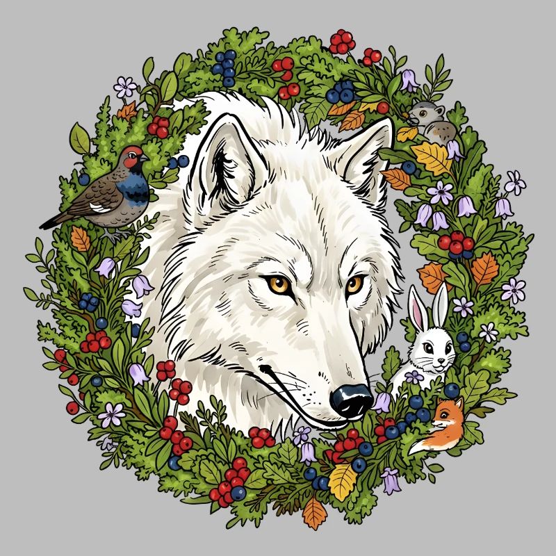 Loup blanc de la forêt dans une couronne de fleurs