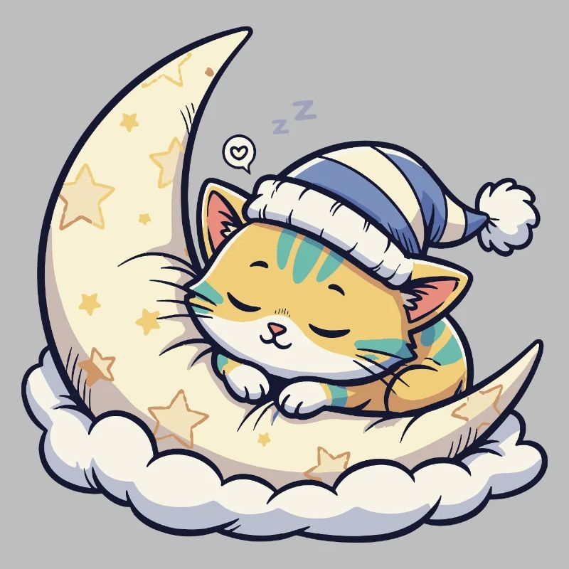 Moon cat dreaming on starry moon