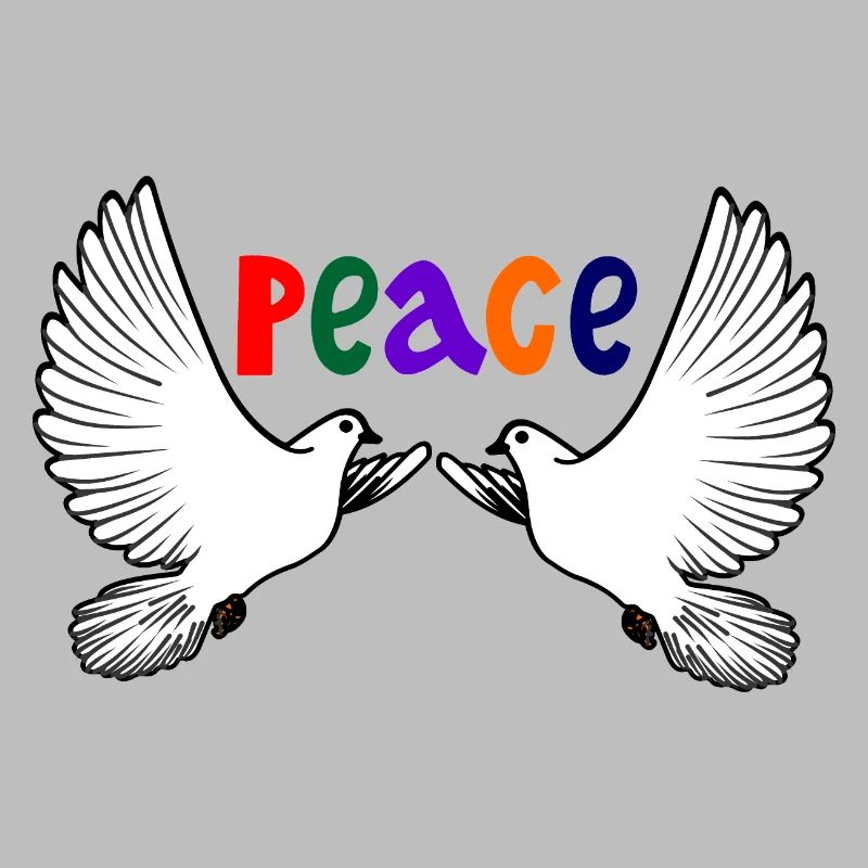 Zwei weiße Friedenstauben mit farbigem Text PEACE