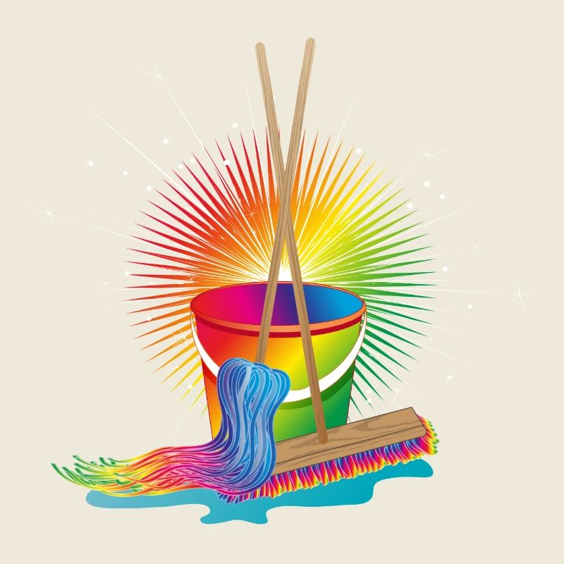 Wischmop,Besen und Eimer in Regenbogenfarben