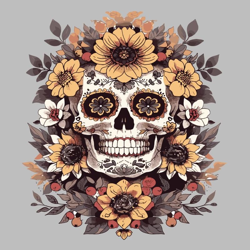 Une tête de mort entourée de fleurs colorées