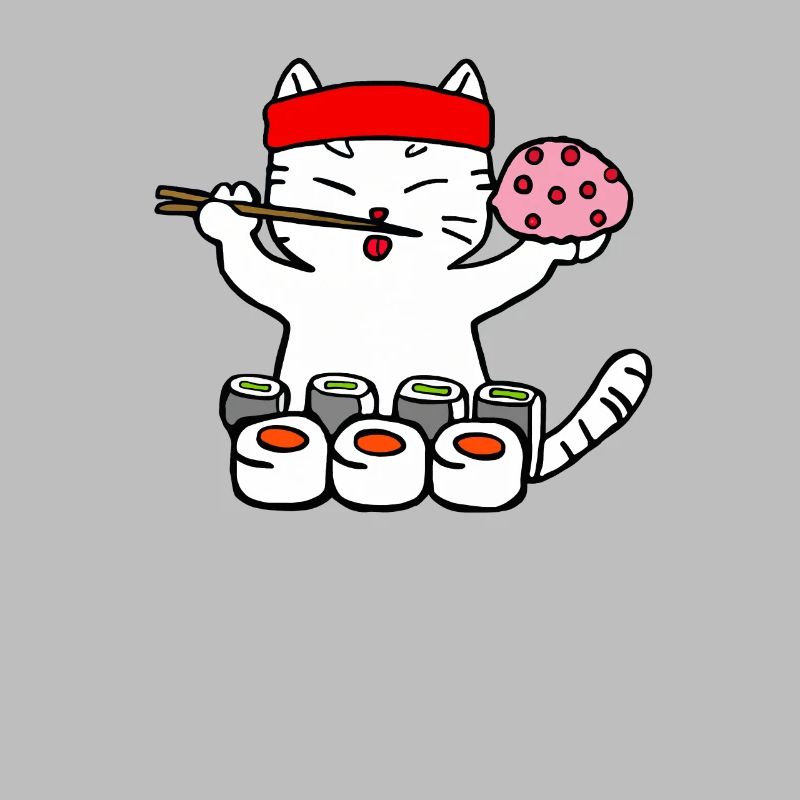 Cat eats sushi with chopsticks