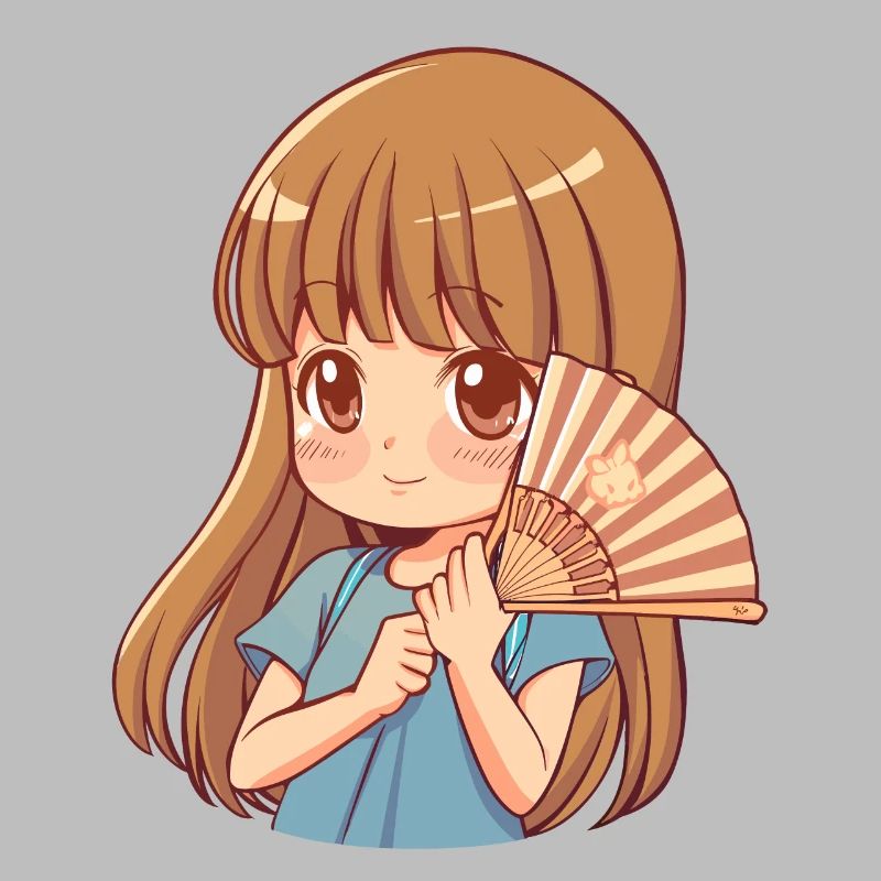 Fille d’anime avec ventilateur dans les tons pastel