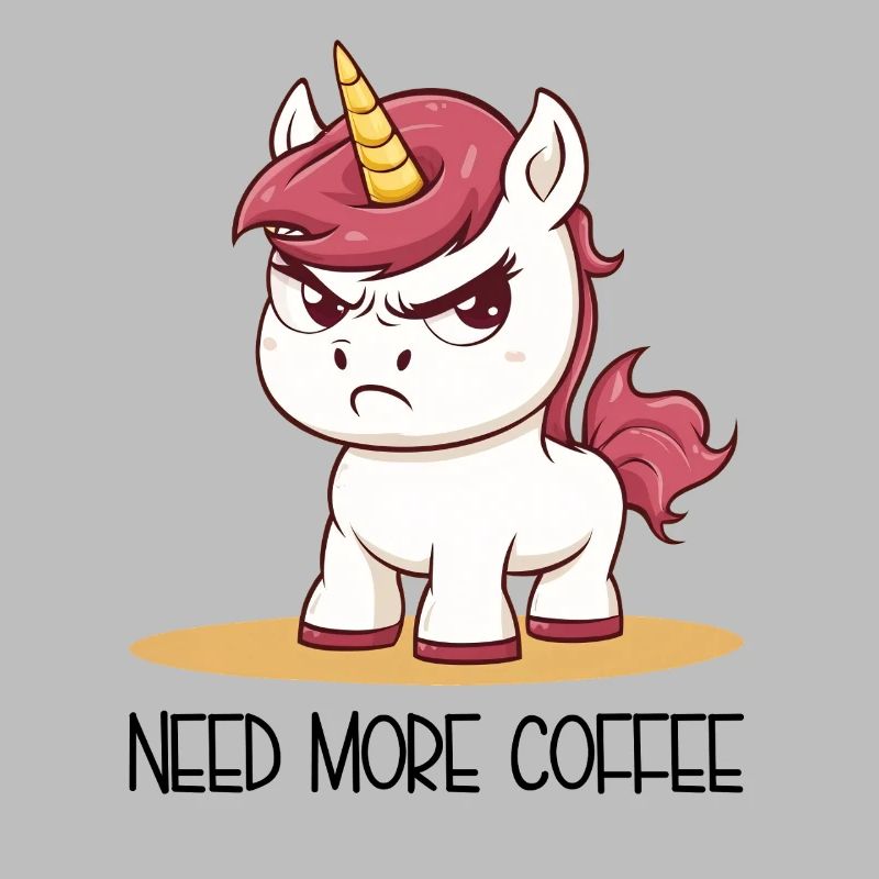 Need More Coffee – Beleidigtes Einhorn Cartoon