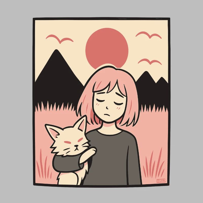 Fille avec un chat devant les montagnes