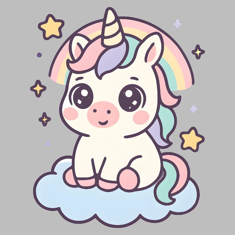 Kawaii Einhorn auf Wolke mit Regenbogen Sterne