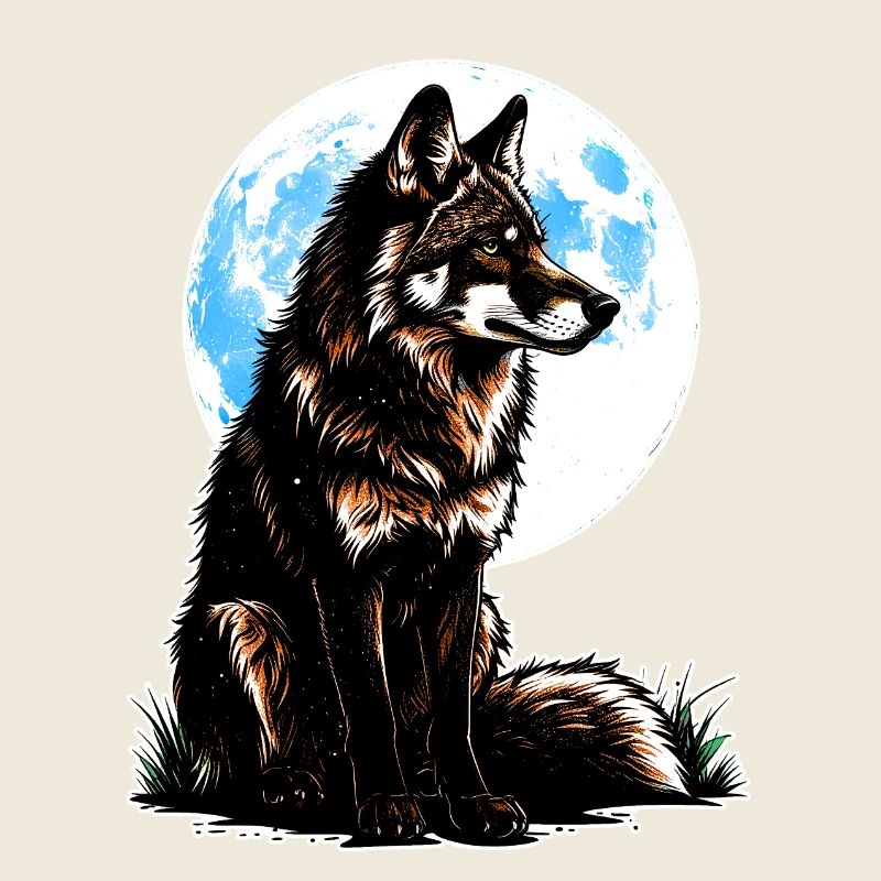 Un loup devant une lune bleue