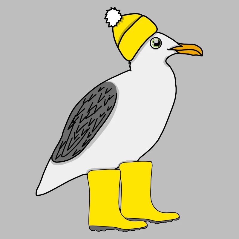 Seagull with rubber boots and hat