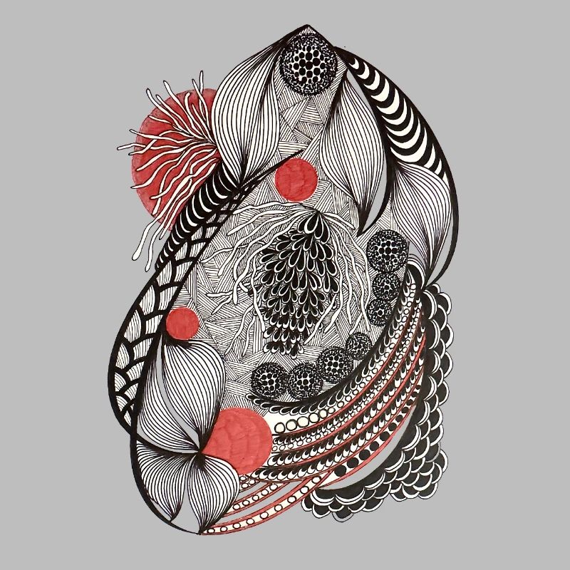 Line flowers pattern with red accent