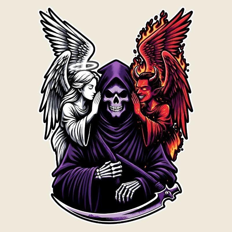 Sensenmann mit Engel und Dämon