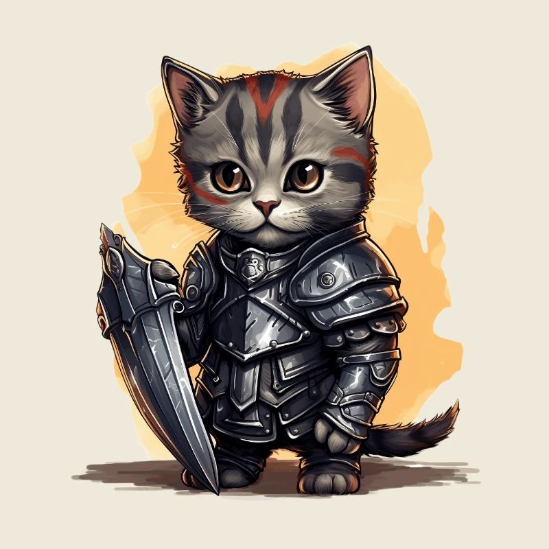 Chat dans l’équipement de chevalier avec bouclier, AI Gene