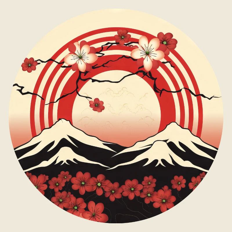 Kyoto Mountains: Cherry Blossoms and Flag
