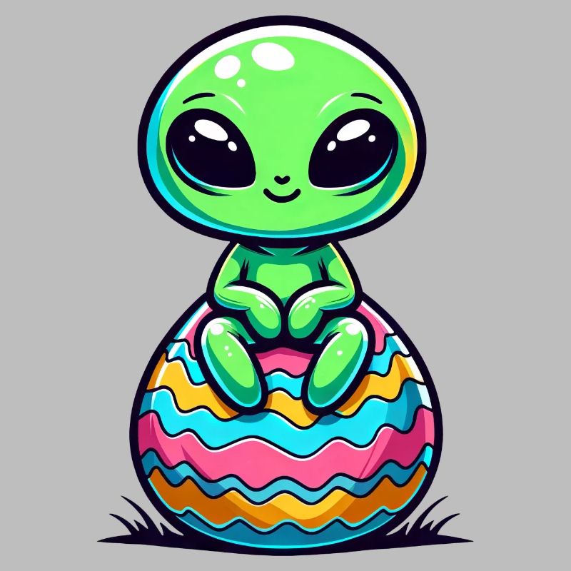Cute Alien on Colorful Easter Egg