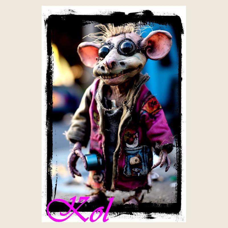 Bizarre Mäusepuppe als Punk mit Sonnenbrille