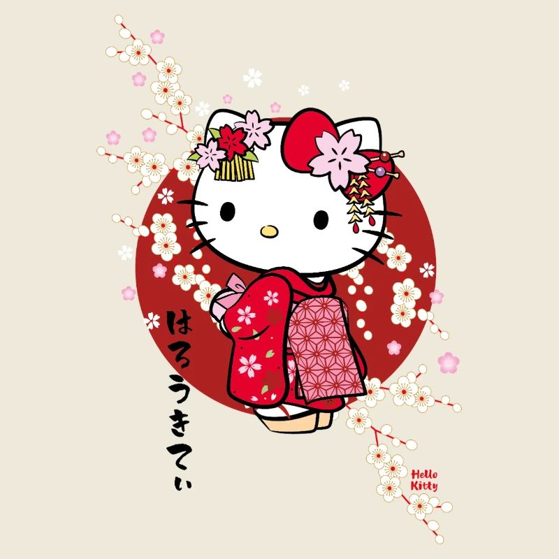 Hello Kitty In A Red Kimono And Cherry Blossoms